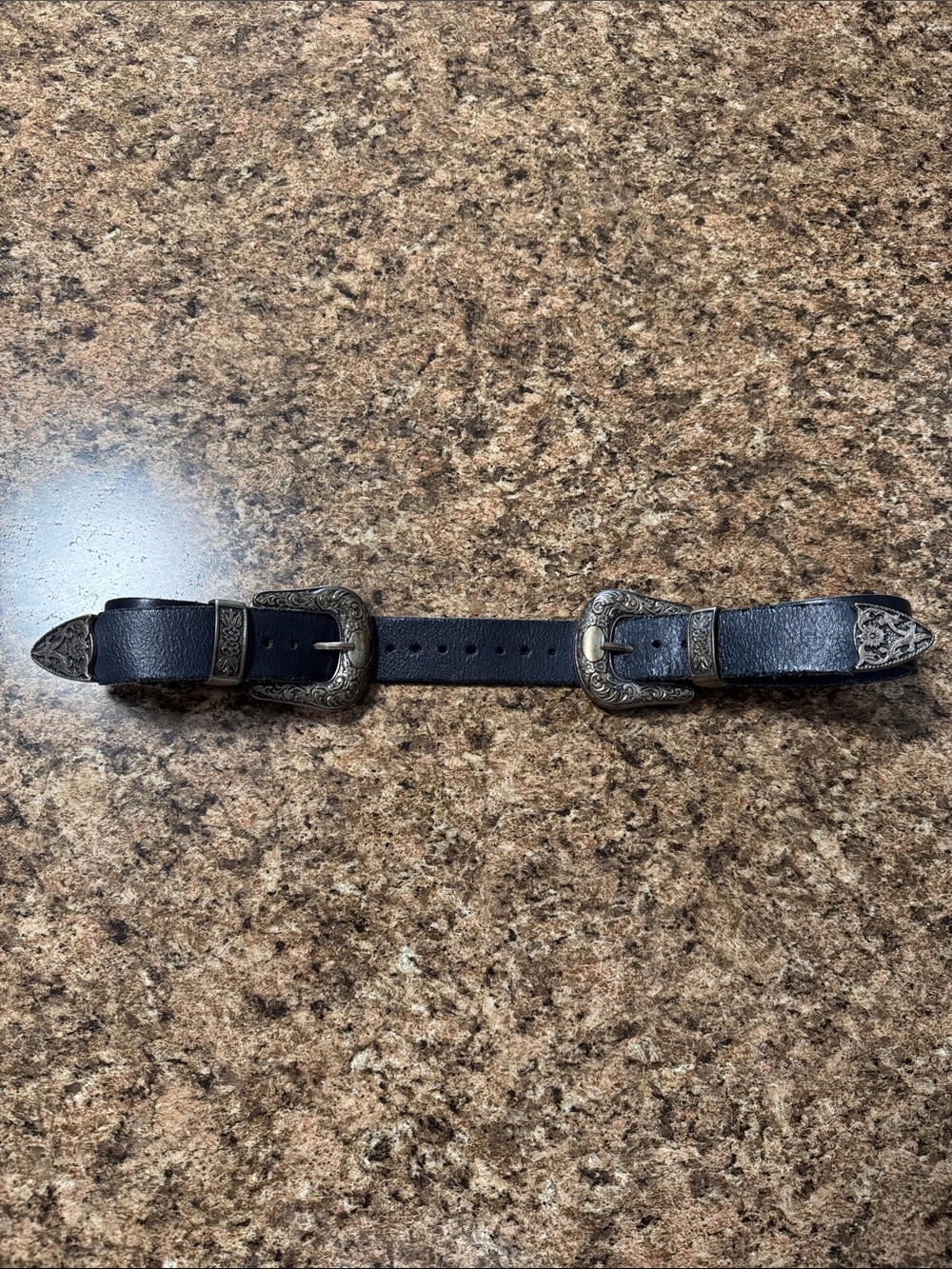 Black Leather Double Buckle Western-Style Belt Accent